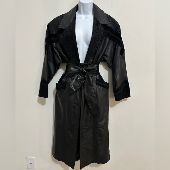 Vintage Black Contrasting Genuine Leather Trench Coat By Gitano Size S - Picture 11 of 13